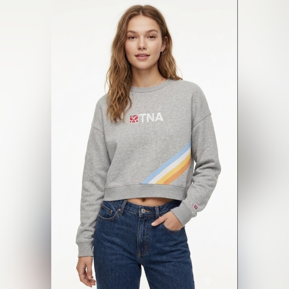 TNA Grey Cropped Sweatshirt with Blue, Yellow & Orange Stripe